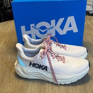 Hoka White and Light Pink Athletic Shoes